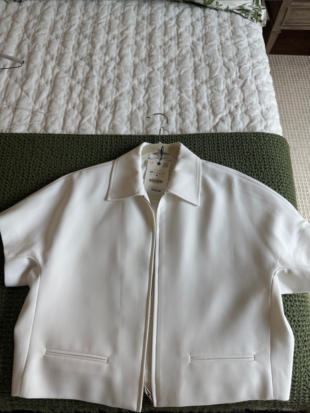 Zara White Short-Sleeve Zip Front Jacket